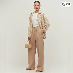 Reformation Mason Pant Khaki Pleated High Waist Wide Leg Trouser 8 Academia